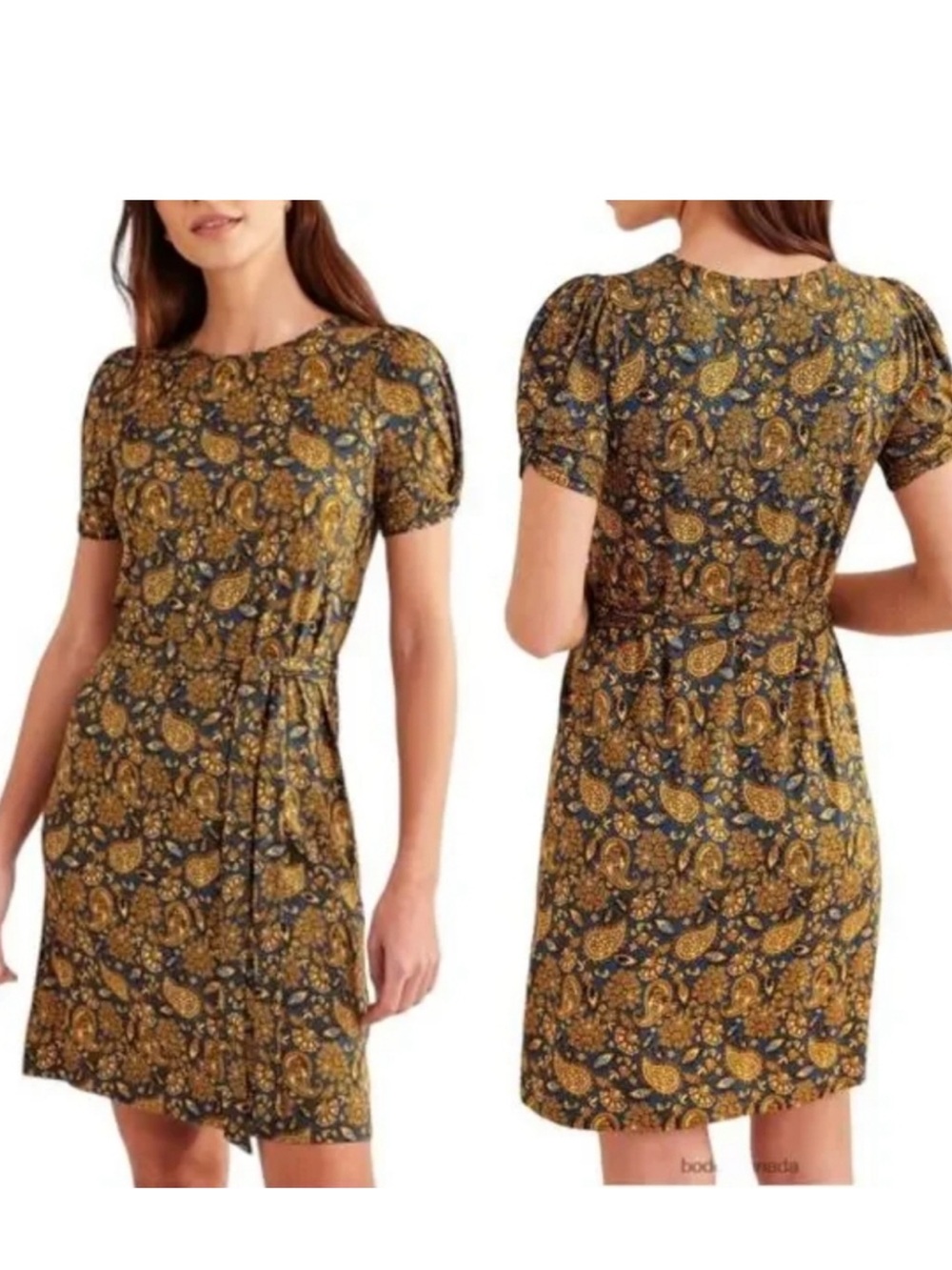 Boden Knot Mini Dress Harvest Gold Paisley Terrace Short Sleeve 12L no belt